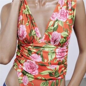 Zara Orange Floral V Neck Sleeveless Draped Bodysuit Womens Small NWT Blogger